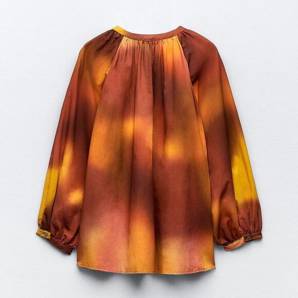 Zara Tie Dye Print Oversized Blouse with Tie in Orange - Picture 3 of 10